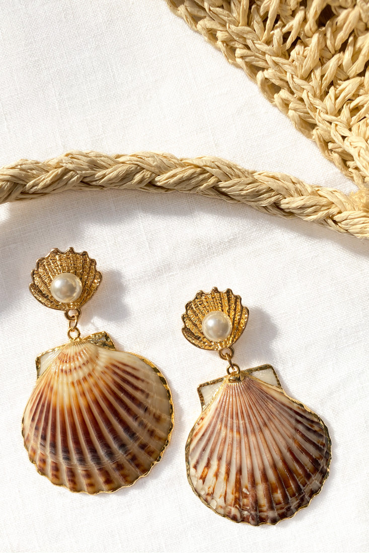 Bora Bora Pearl Accent Shell Earrings Tan