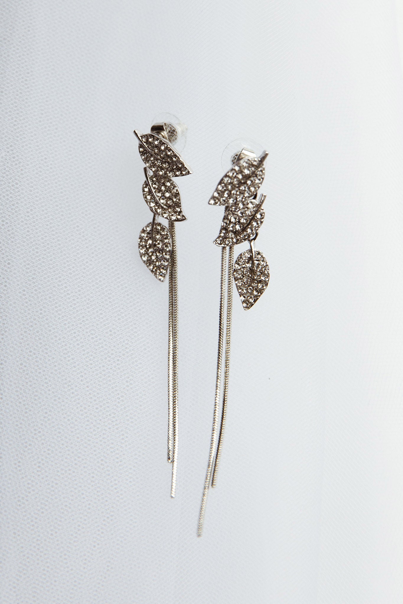 Zircon Leaves Tassel Drop Earrings Silver